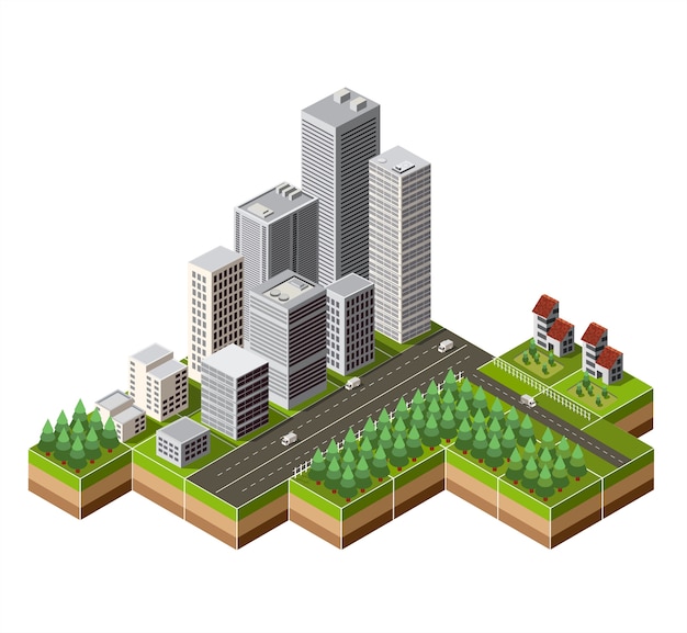 Centro da cidade isométrica no mapa com muitos edifícios, arranha-céus, fábricas