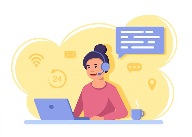 Centro de contato. Menina despachante no computador.