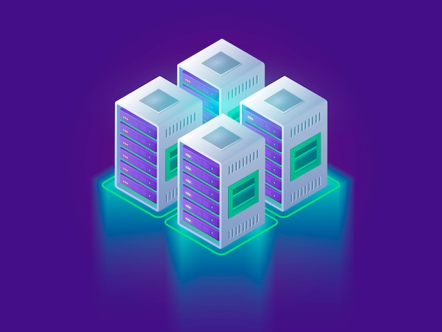Centro de dados e o conceito de computação em nuvem. Design de página da Web para o site. Nuvem de tecnologia 3d ilustração isométrica