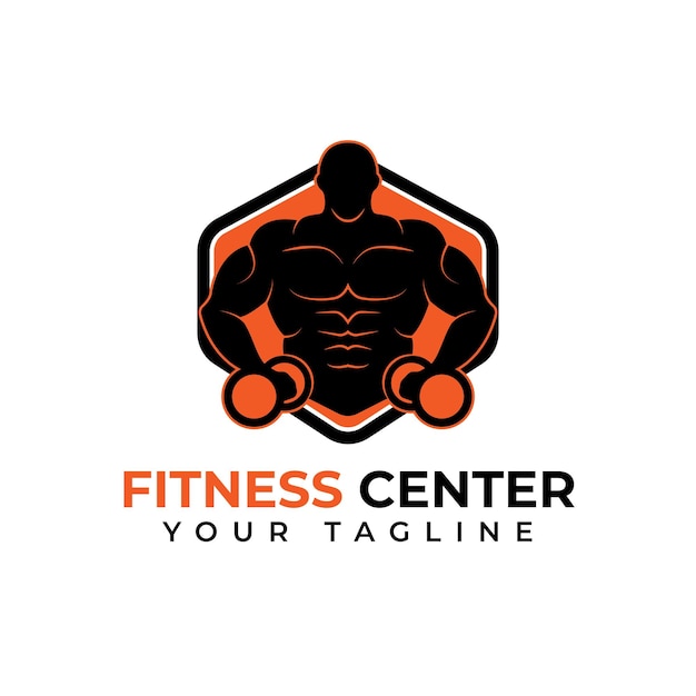 Centro de ginásio de fitness e design de vetor de logotipo de musculação em cor preta e laranja