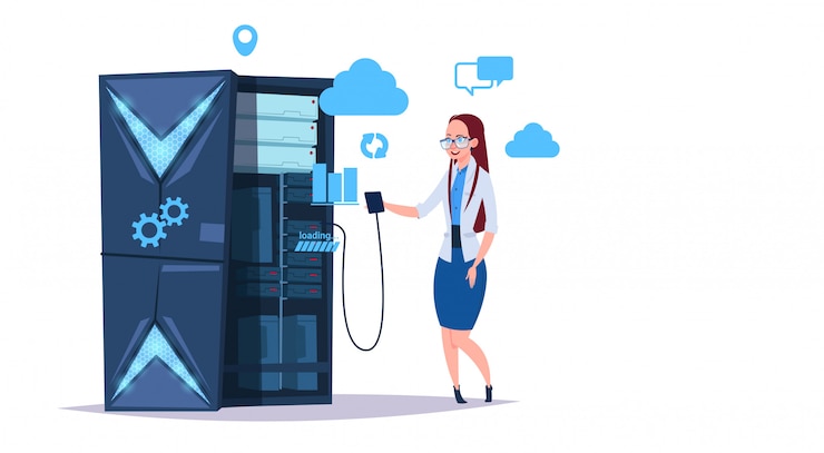 Vetor centro de nuvem de armazenamento de dados com servidores e equipe de hospedagem. rede de tecnologia da computação e banco de dados