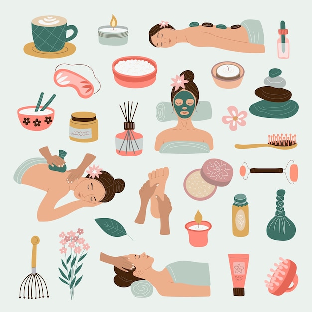 centro de spa personagens tempo de relaxamento em salões de beleza centro de bem-estar recentes imagens vetoriais planas