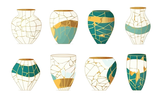 Vetor cerâmica kintsugi cerâmica renascida de utensílios de mesa quebrados reparados com padrões de linha de ouro isolados no fundo branco ilustração de desenho vetorial