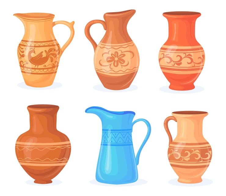 Vetor cerâmica rústica dos desenhos animados frascos de barro tigela pote de prato jarro de arte antiga jarra de cerâmica isolada potes de cerâmica de barro jarra de artesanato para utensílio de barro de leite ilustração vetorial plana pura