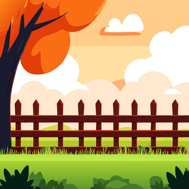 Vetor cercas de madeira ao ar livre mundo de fantasia paisagem desenhada à mão plano ícone de adesivo de desenho animado elegante