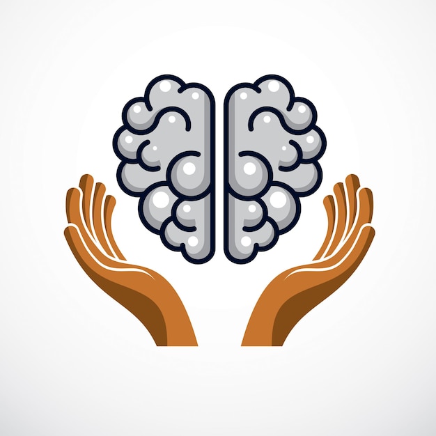 Cérebro anatômico humano com mãos de defesa tenras de cuidado. ilustração vetorial, logotipo ou ícone. cuide da saúde mental, conceito de educação cuidadosa e correta.