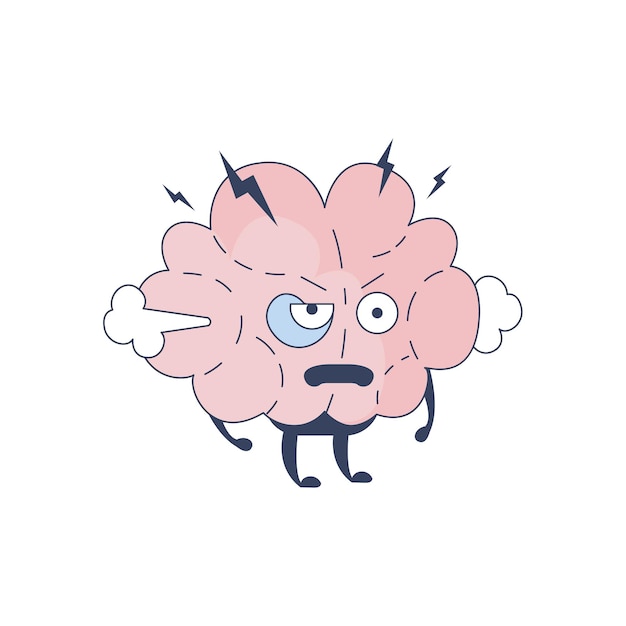 Vetor cérebro chateado personagem de quadrinhos representando o intelecto e as atividades intelectuais da mente humana dos desenhos animados ilustração vetorial plana