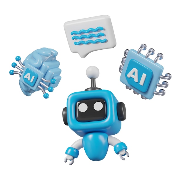 Cerebro de mini bot azul engraçado com processador de controle de máquina com comentário de rótulo de IA