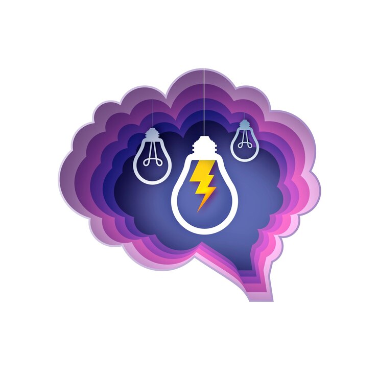 Vetor cérebro e lâmpadas elétricas. lâmpada em estilo de papel artesanal. lâmpada elétrica de origami para criatividade, inicialização, brainstorming, negócios. quadro em camadas roxo do círculo. .