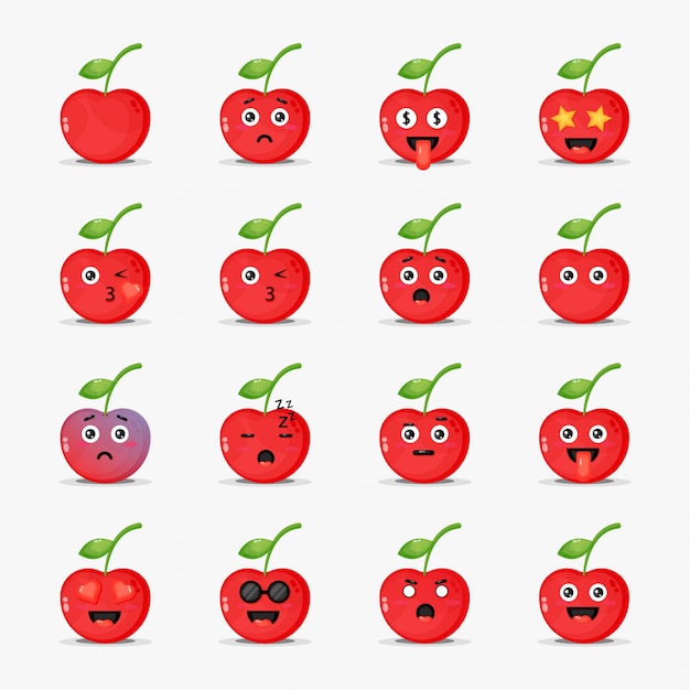 Cereja fofa com conjunto de emoticons