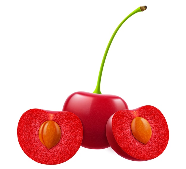 Cerejas maduras isoladas sobre um fundo branco Cereja vermelha inteira e meia cereja com