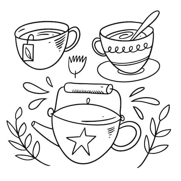 Cerimônia do chá com bule e canecas. estilo doodle. mão dos desenhos animados desenhar colorir. isolado no fundo branco.