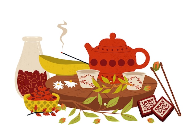 Cerimônia tradicional de chá chinesa Cano de chá vermelho com copos florais ervas e incenso Flores secas e doces para acalmar o ritual de chá Momento de relaxamento de ervas Ilustração vetorial de estilo desenho animado