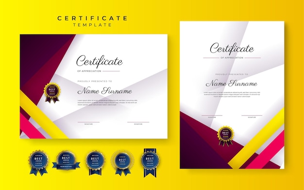 Certificado amarelo vermelho moderno de modelo de fronteira de conquista com distintivo de luxo e padrão de linha moderna para necessidades de negócios e educação de prêmios
