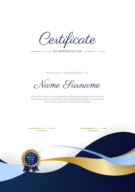 Certificado azul e dourado de modelo de fronteira de conquista com distintivo de luxo e padrão de linha moderna Para necessidades de negócios e educação de prêmios