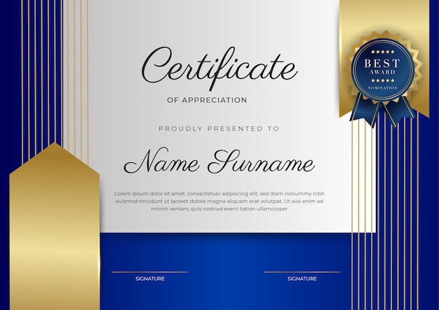Certificado azul e dourado de modelo de fronteira de conquista com distintivo de luxo e padrão de linha moderna para necessidades de negócios e educação de prêmios