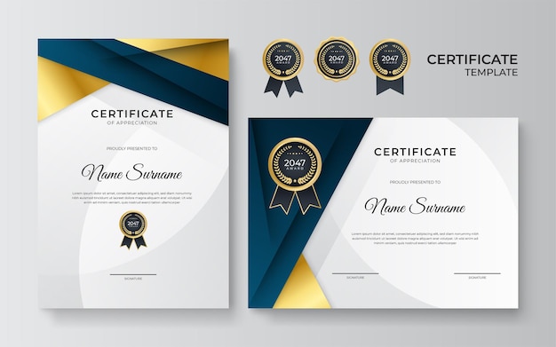 Certificado azul e dourado do modelo de fronteira de conquista com distintivo de luxo e padrão de linha moderna para necessidades de conquista e educação de prêmios de negócios