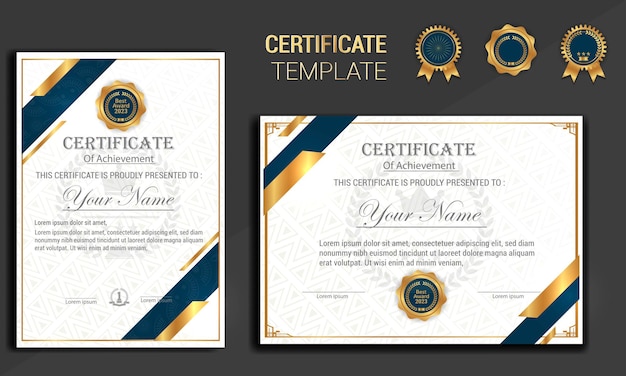 Certificado azul e dourado do modelo de fronteira de conquista com distintivo de luxo e padrão de linha moderna.