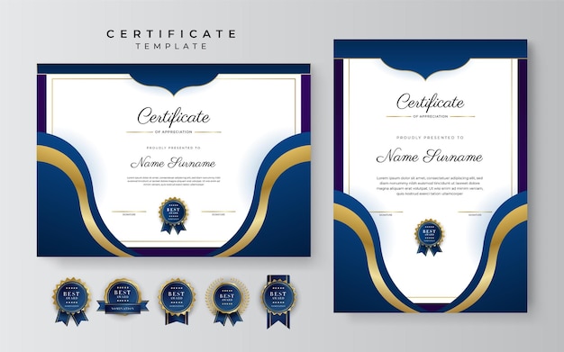 Certificado azul e vermelho de modelo de borda de conquista com distintivo de luxo e padrão de linha moderno Para necessidades de negócios e educação de prêmios
