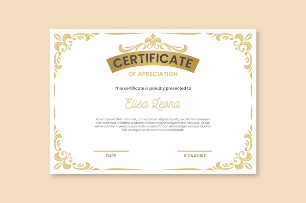 Certificado com elegantes ornamentos de ouro