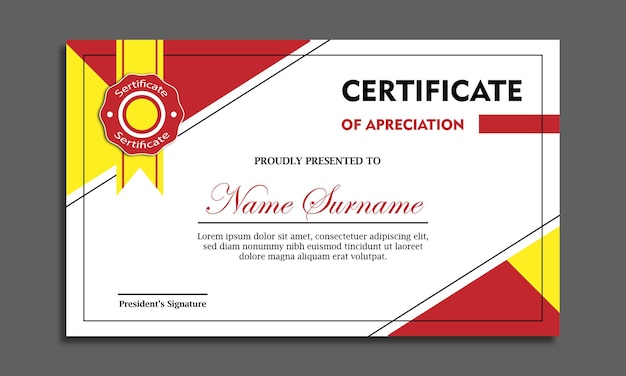 Certificado comercial vermelho e amarelo com modelo de certificado moderno padrão de linhas geométricas