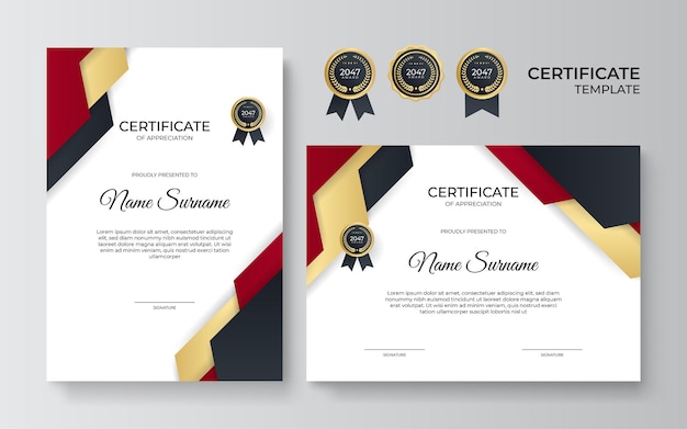 Certificado corporativo de modelo de conquista com combinação de cores vermelha e dourada