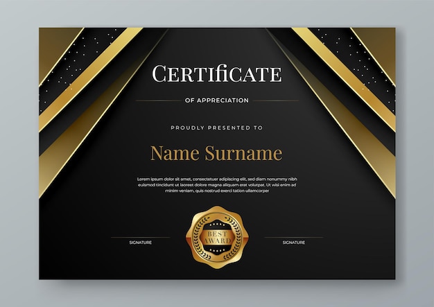 Certificado de apreciação preto e branco e dourado modelo de borda com emblema de luxo e linhas e formas modernas Certificado de prêmios de realização escola de ensino de diploma