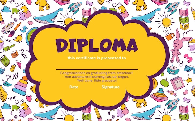 Vetor certificado de diploma escolar e pré-escolar colorido para crianças e crianças no jardim de infância