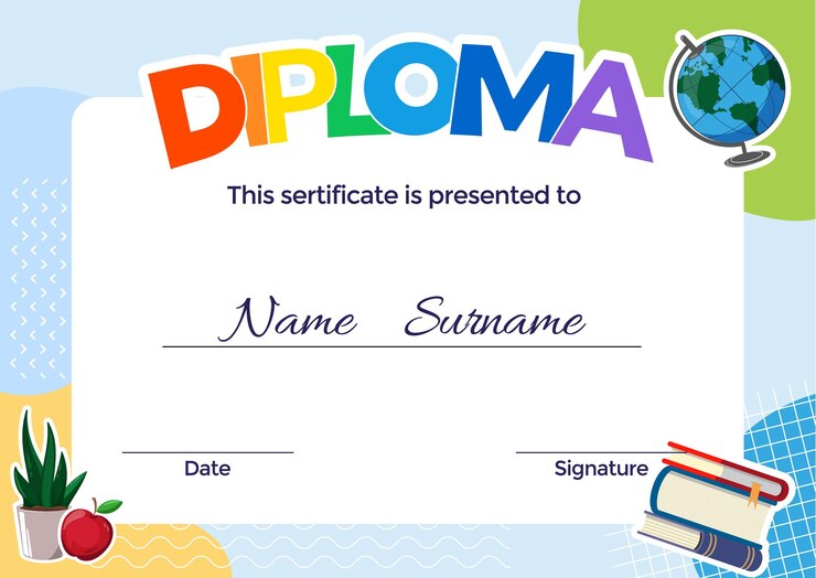 Vetor certificado de diploma para crianças pré-escolares ou escolares jardim de infância modelo colorido de vetor