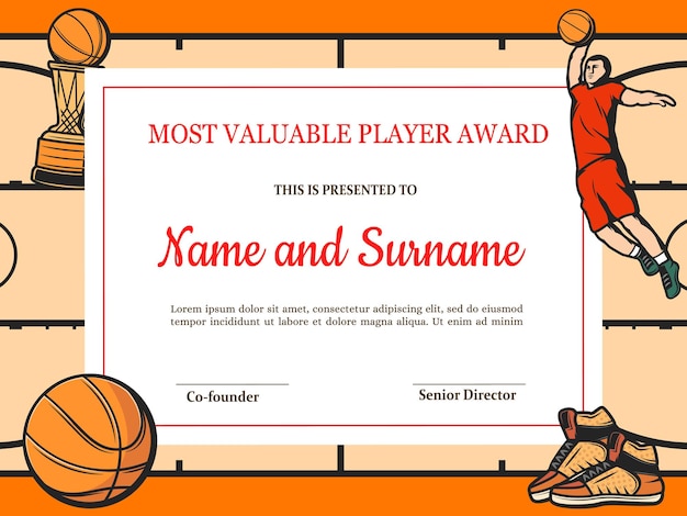 Certificado de jogador de basquete mais valioso. desenho de borda com bola, tênis de treinamento, copa do vencedor e jogador saltador uniformizado,