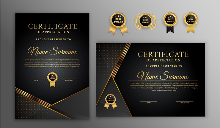 Certificado de luxo de meio-tom dourado e preto com emblema de ouro e modelo de borda
