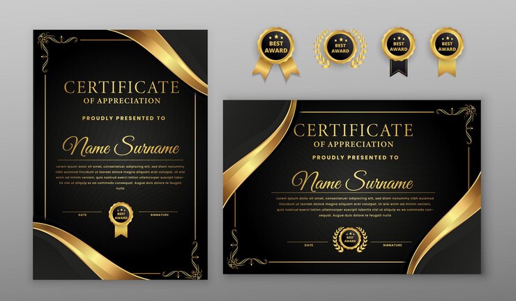 Certificado de luxo de meio-tom dourado e preto com emblema de ouro e modelo de borda