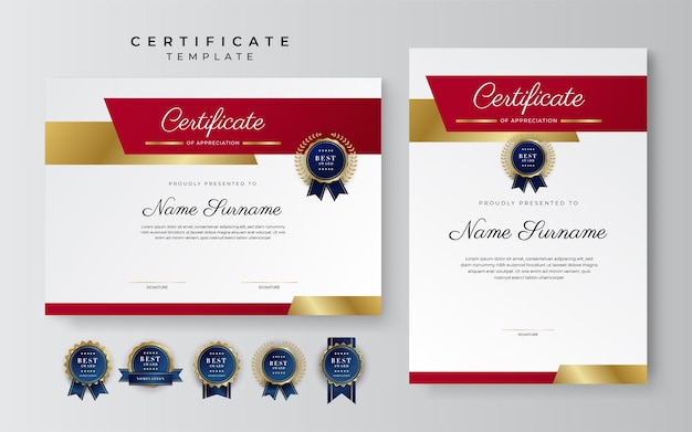 Certificado de luxo de modelo de apreciação com borda de certificado multiuso de cor vermelha e dourada com design de crachá modelo de certificado de diploma elegante vermelho e dourado