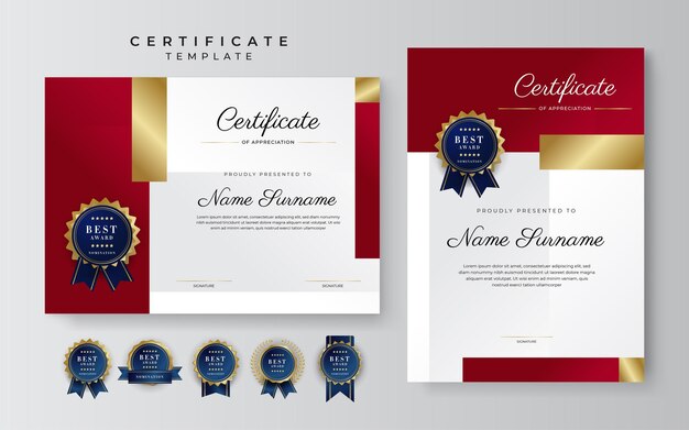 Certificado de luxo de modelo de apreciação com borda de certificado multiuso de cor vermelha e dourada com design de crachá modelo de certificado de diploma elegante vermelho e dourado