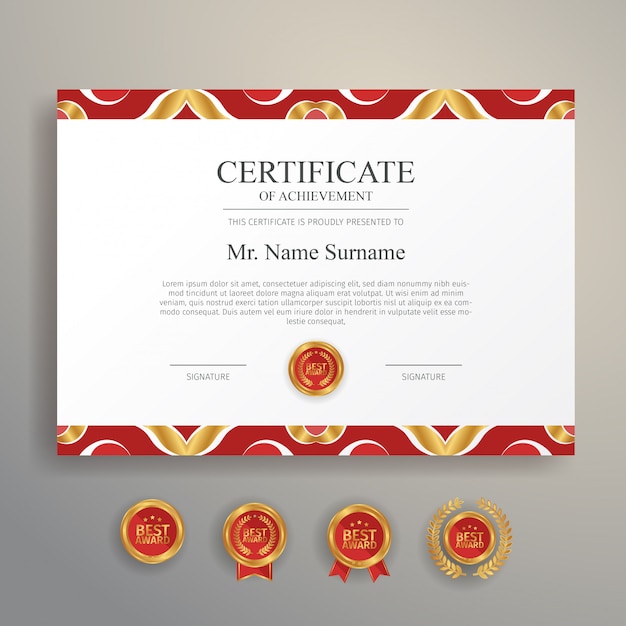 Certificado de luxo dourado e vermelho com crachá de ouro e modelo de fronteira