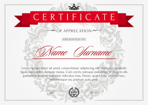 Certificado de luxo na fronteira de moeda de modelo de diploma de estilo vintage real com moldura redonda floral