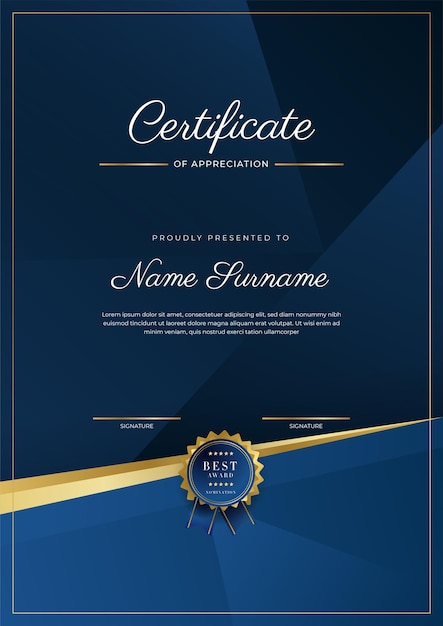 Certificado de modelo de apreciação cor ouro e azul Certificado moderno limpo com distintivo de ouro Modelo de fronteira de certificado com padrão de linha moderno e luxo Modelo de vetor de diploma