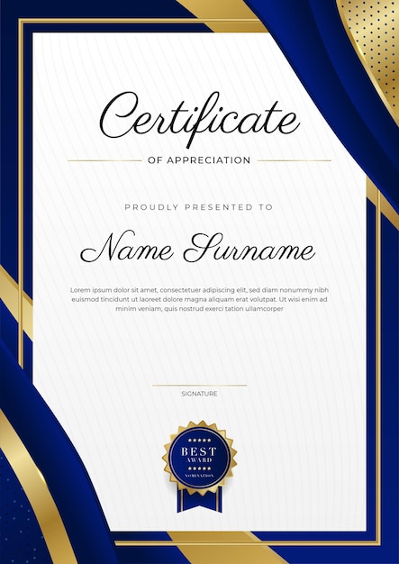 Certificado de modelo de apreciação cor ouro e azul certificado moderno limpo com distintivo de ouro modelo de fronteira de certificado com padrão de linha moderno e luxo modelo de vetor de diploma