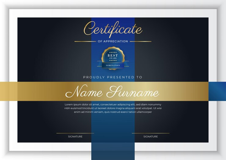 Vetor certificado de modelo de apreciação cor ouro e azul certificado moderno limpo com distintivo de ouro modelo de fronteira de certificado com padrão de linha moderno e luxo modelo de vetor de diploma
