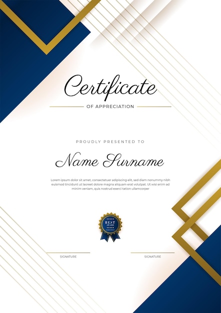 Certificado de modelo de apreciação cor ouro e azul Certificado moderno limpo com distintivo de ouro Modelo de fronteira de certificado com padrão de linha moderno e luxo Modelo de vetor de diploma