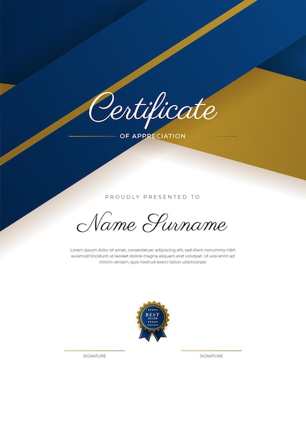 Certificado de modelo de apreciação cor ouro e azul Certificado moderno limpo com distintivo de ouro Modelo de fronteira de certificado com padrão de linha moderno e luxo Modelo de vetor de diploma