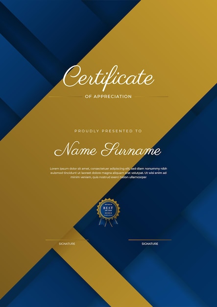 Certificado de modelo de apreciação cor ouro e azul certificado moderno limpo com distintivo de ouro modelo de fronteira de certificado com padrão de linha moderno e luxo modelo de vetor de diploma