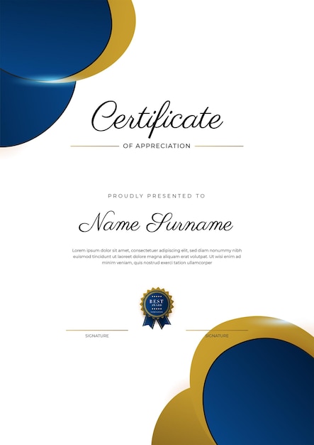 Certificado de modelo de apreciação cor ouro e azul Certificado moderno limpo com distintivo de ouro Modelo de fronteira de certificado com padrão de linha moderno e luxo Modelo de vetor de diploma