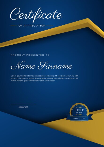 Certificado de modelo de apreciação cor ouro e azul Certificado moderno limpo com distintivo de ouro Modelo de fronteira de certificado com padrão de linha moderno e luxo Modelo de vetor de diploma