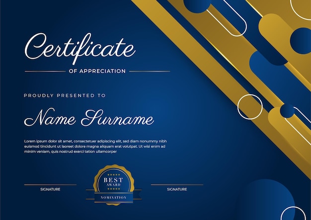 Certificado de modelo de apreciação cor ouro e azul certificado moderno limpo com distintivo de ouro modelo de fronteira de certificado com padrão de linha moderno e luxo modelo de vetor de diploma