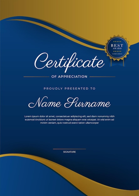 Certificado de modelo de apreciação cor ouro e azul Certificado moderno limpo com distintivo de ouro Modelo de fronteira de certificado com padrão de linha moderno e luxo Modelo de vetor de diploma