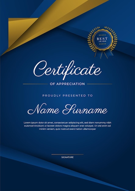 Certificado de modelo de apreciação cor ouro e azul Certificado moderno limpo com distintivo de ouro Modelo de fronteira de certificado com padrão de linha moderno e luxo Modelo de vetor de diploma