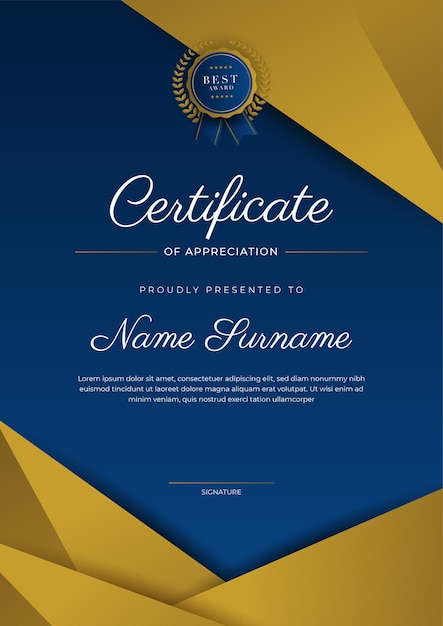 Certificado de modelo de apreciação cor ouro e azul Certificado moderno limpo com distintivo de ouro Modelo de fronteira de certificado com padrão de linha moderno e luxo Modelo de vetor de diploma
