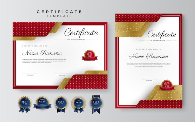 Certificado de modelo de apreciação ouro e cor vermelha Certificado moderno limpo com distintivo de ouro Modelo de fronteira de certificado com padrão de linha moderno e luxo Modelo de vetor de diploma