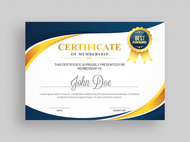 Certificado de modelo de associação com design e emblema azul e dourado.